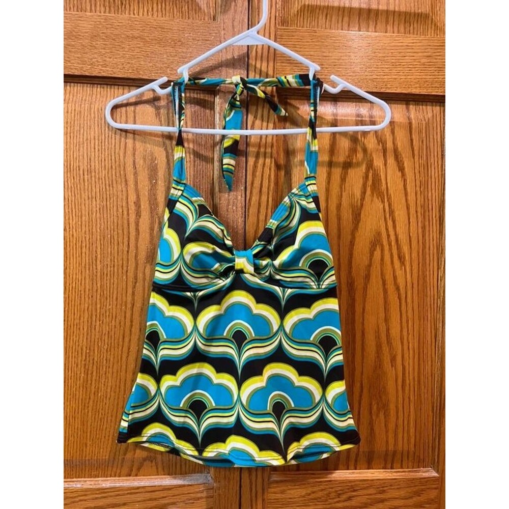 Apt.9 Tankini Swimsuit Top Sz 10 Teal, Brown, Green Tie Halter